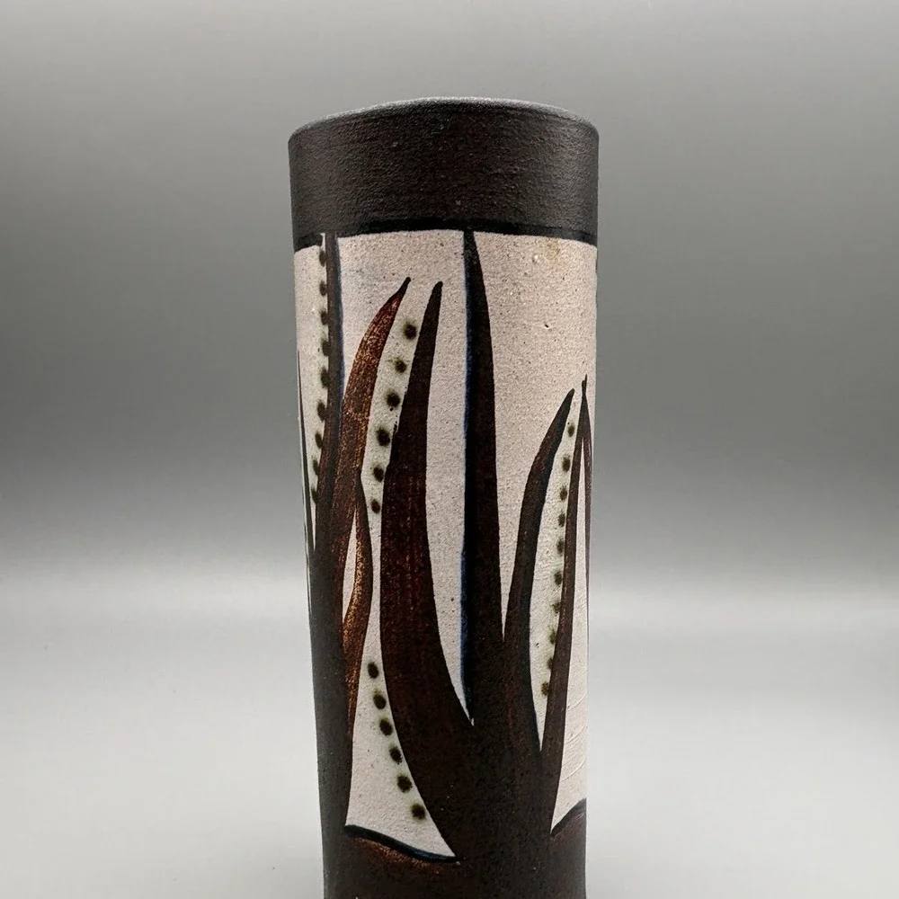 Vintage Scandinavian Vase Signed Leaves MCM Brown White 5.75